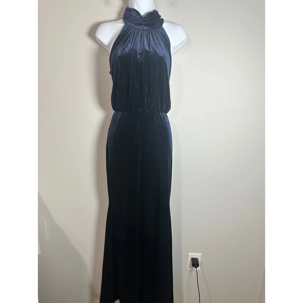 Eliza J Navy Blue Velvet Halter Neck Maxi Gown EJ1M9028 Womens 8 NWT - Picture 4 of 10